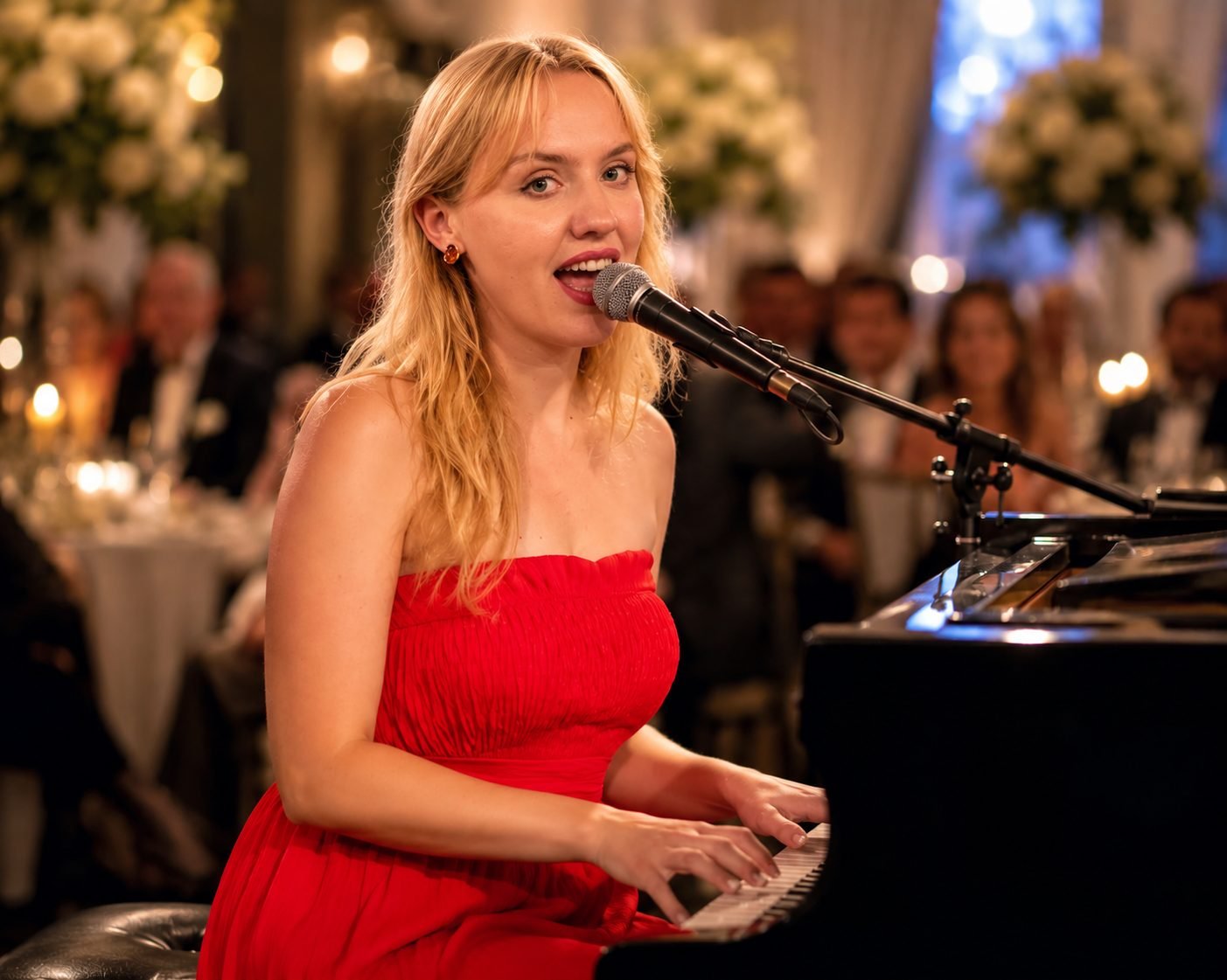 Sara Medić singing and playing a grand piano in a red dress